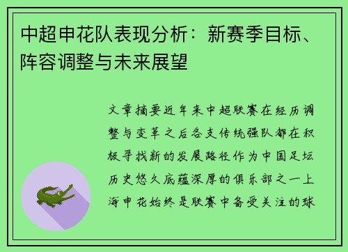 中超申花队表现分析：新赛季目标、阵容调整与未来展望