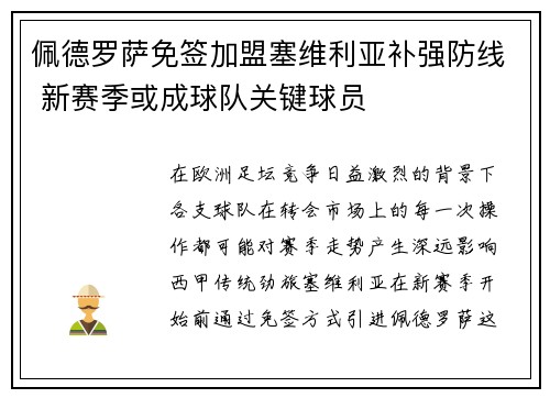 佩德罗萨免签加盟塞维利亚补强防线 新赛季或成球队关键球员