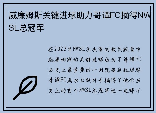 威廉姆斯关键进球助力哥谭FC摘得NWSL总冠军